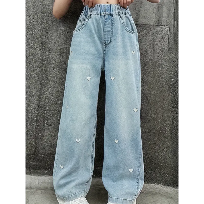 Girls' Loose Cut Solid Color Love-Print Wide-Leg Cargo Pants, Elastic Waist Polyester Blend (95% Polyester) Bottoms for 5-15 Years Old All Seasons Wear, Conventional
