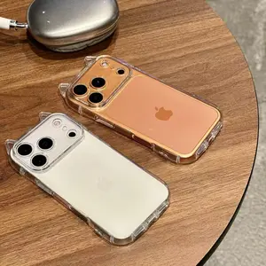 Creative cat ear airbag drop protection case for iPhone 17 Pro Max, minimalist style, also compatible with iPhone 14/15/16 Pro, cute transparent case.