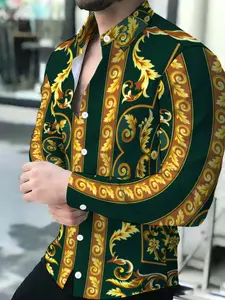 Luxurious Dark Green Gold Baroque Print Long Sleeve Button Up Shirt