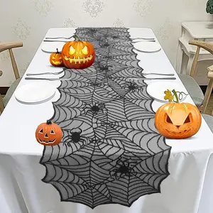 Halloween Themed Lace Table Runner, Spider Web Pattern Tablecloth, Table Decoration Supplies for Home Kitchen Dining Room Party, Ornaments