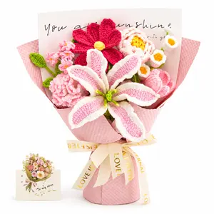 Handmade Crochet Lily Flowers Bouquet Collection Gift for Girlfriend Birthday Wedding Anniversary Just Because Gift with Pink Lily Rose Tulip Forever Flowers for Her with Greeting Card US Fast Shipping Home Decor Women's Gift
