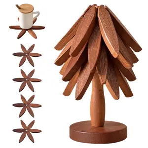 Wooden Trivets for Hot Dishes, Tree Shape Trivet Set, 4 Walnut Wood + 1 Stand stored Like a Christmas Tree,Foldable Kitchen Wooden Trivet,for Hot Dishes、Pot、Bowl、Teapot、Hot Pot Holder(Walnut Wood)