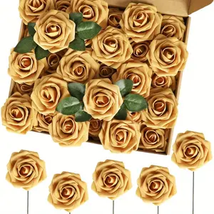 54pcs(50pcs Roses+4pcs Leaves) Artificial Yellow Roses with Stems for Wedding Bouquets, Foam Rose for Christmas Centerpieces, Shower & Home Decor - Roses Cake Decoration, Decorative Floral Arrangement Shower Decor