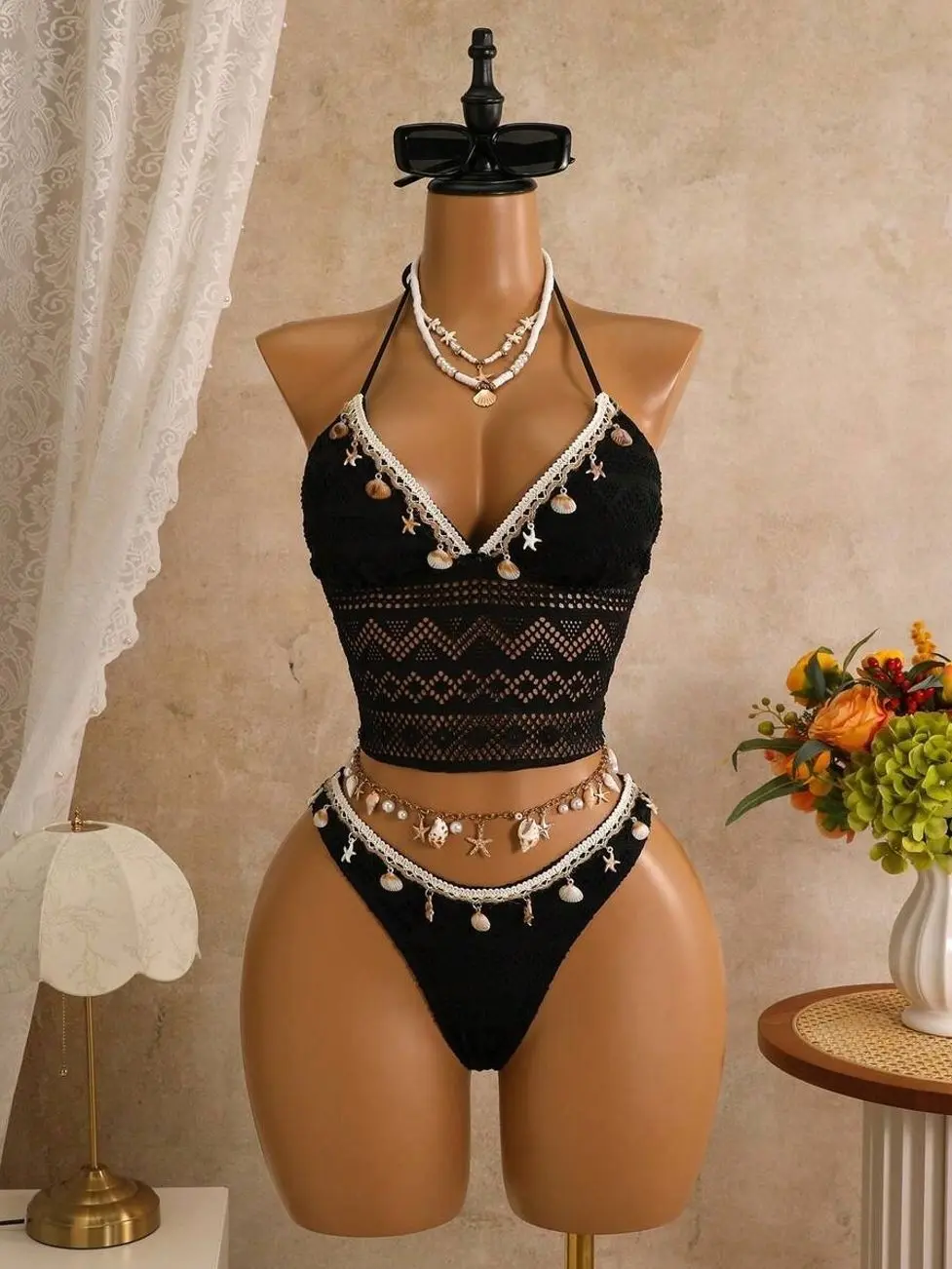 Bellisia Black Crochet Mesh Shell Trim Halter Bikini Set | Seashell Decorated Longline Camisole Top & High-Cut Bottom 2-Piece Swimsuit