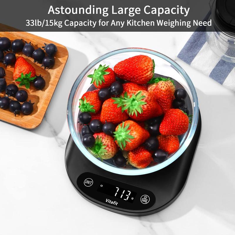Vitafit 33lbs Kitchen Food Scale Digital Weight Grams and Ounces for Weight Loss, Weighing Professional Since 2001, Cooking,Baking and Keto, Batteries Included, Black