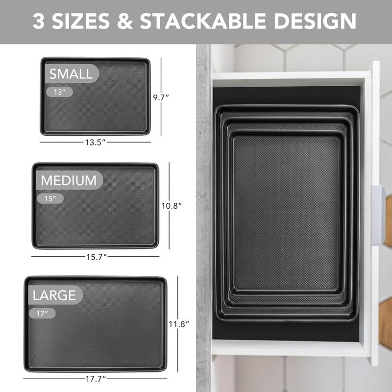 Baking Sheet Pan Set of 3, Nonstick Cookie Sheets for Oven, Heavy Duty Carbon Steel Half & Jelly Roll Pans with Diamond Texture Pattern, 0.8mm Thick Durable Baking Trays