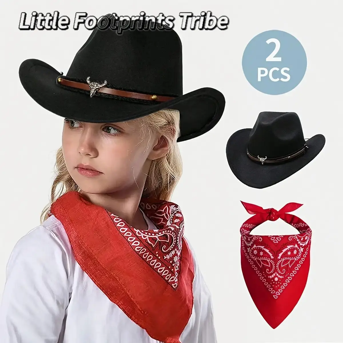 Kids' Cowboy Hat and Patterned Headwrap Set, 4-7Yrs, for Daily Outings & Festive Parties, Cowboy Hat And Headwrap Set, Patterned Scarf Adds Playful Contrast, Two-Pieces Simplifies Dressing