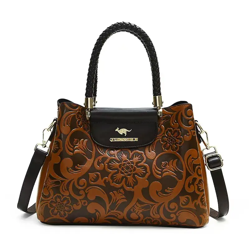 A97-Elegant Floral Embossed Handbag Large Capacity Shoulder Crossbody Bag