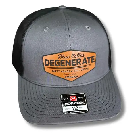Blue Collar Degenerate - Dirty Hands, Still Broke Patch Trucker Hat - L/XL, Custom Patched "Dirty Hands Still Broke", Flat Bill Snapback, Fitted/Ponytail Option, Cool Mesh Back, Crisp Patch, Funny Dad Hat for Bar & Outdoor Use