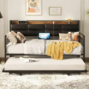 Twin Size Daybed with Trundle, Twin Daybed Bed Frame with Upholstered Headboard and Charging Station, Metal Twin Sofa Bed Frame Pop-up Trundle Bed for Bedroom and Guest Room
