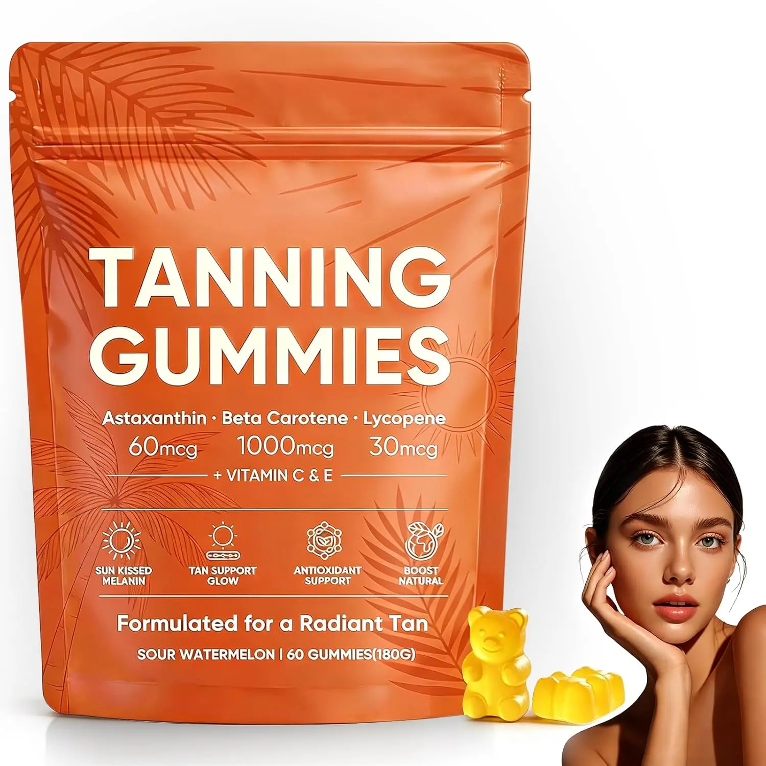 [2026 New] Skin Tanning Gummies for Women, Astaxanthin, Beta Carotene & Lycopene Blend with Vitamins C & E, Radiant Healthy Skin, Sour Watermelon Flavor, Vegan & Sugar-Free, 60 Count.