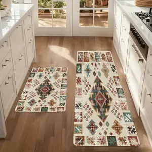 Vintage Southwestern Area Rug Runner - Boho Aztec Tribal Geometric Floor Mat - Non-Slip Washable Bedroom Bedside Rugs - Rustic Low Profile Carpet for Hallway, Kitchen, Living Room (Cream/Teal) stylish home decor