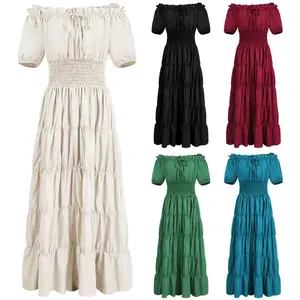 Renaissance Costume Women Medieval Irish Dress Retro Gown Wench Peasant Smocked Waist Long Dresses