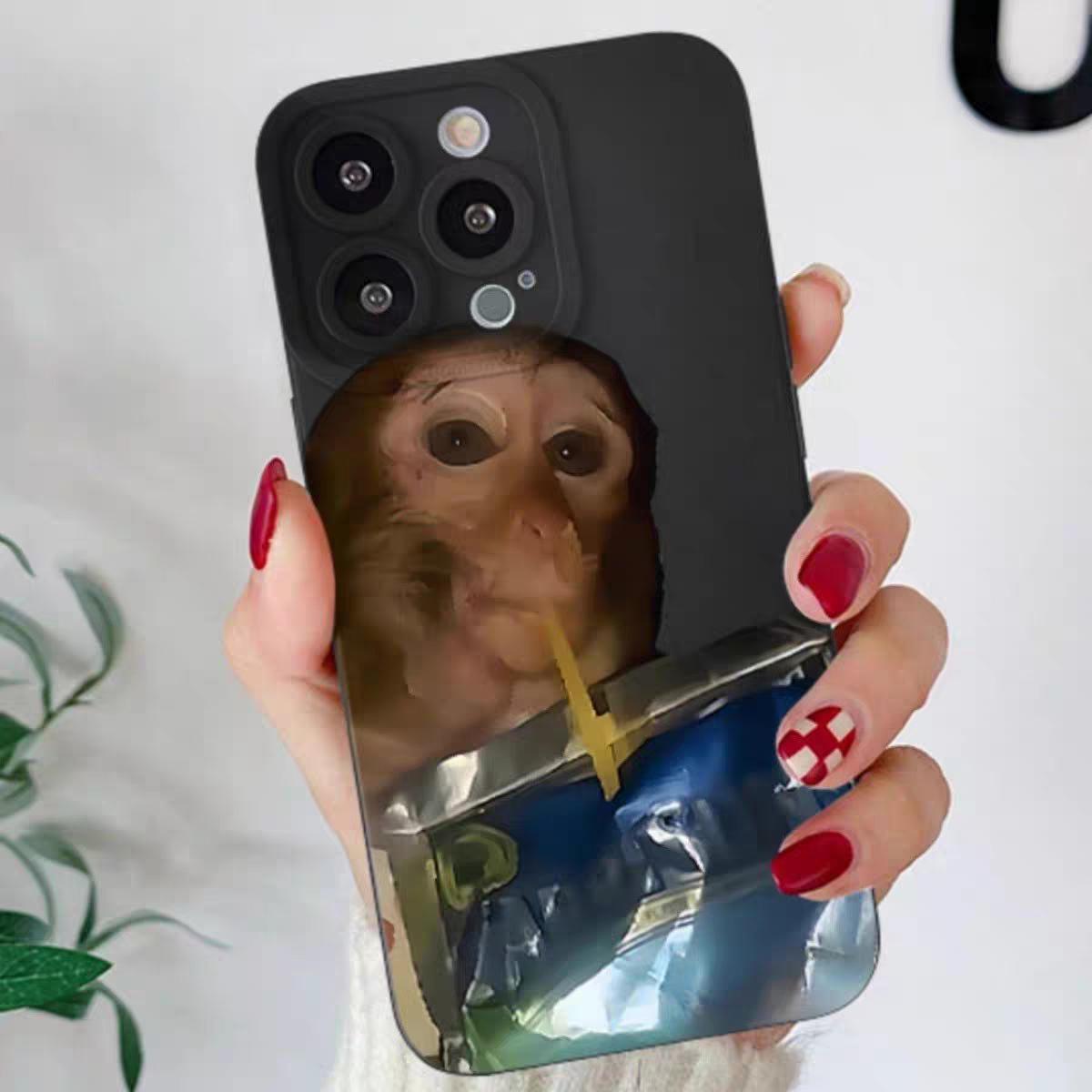 Cute Monkey Pattern Phone Case TPU Soft Silicone Material Full-Coverage Protection & Shock Absorption Fun Monkey Drinking Capri Sun Juice Phone Case Compatible with iPhone 16/15/14/13/12/11 Pro Max Pro Plus Fun Monkey Phone Case