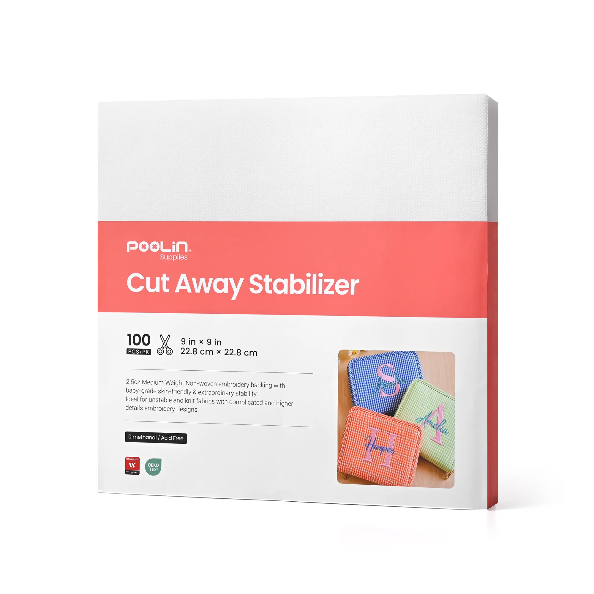 PooLin Richword Cut-Away Embroidery Stabilizer Backing Sheets, 2.5oz Medium Weight, 100pcs Acid and Lead Free Durable Support for Machine Use & Embroidery Designs
