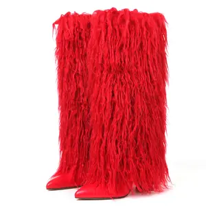 CELNEPHO Womens Furry Knee High Winter Boot Pointed Toe Chunky Block Heel Warm Cozy Fashion Side Zipper Easy Pull on for Party Work Outdoor Events Date Plush Boots