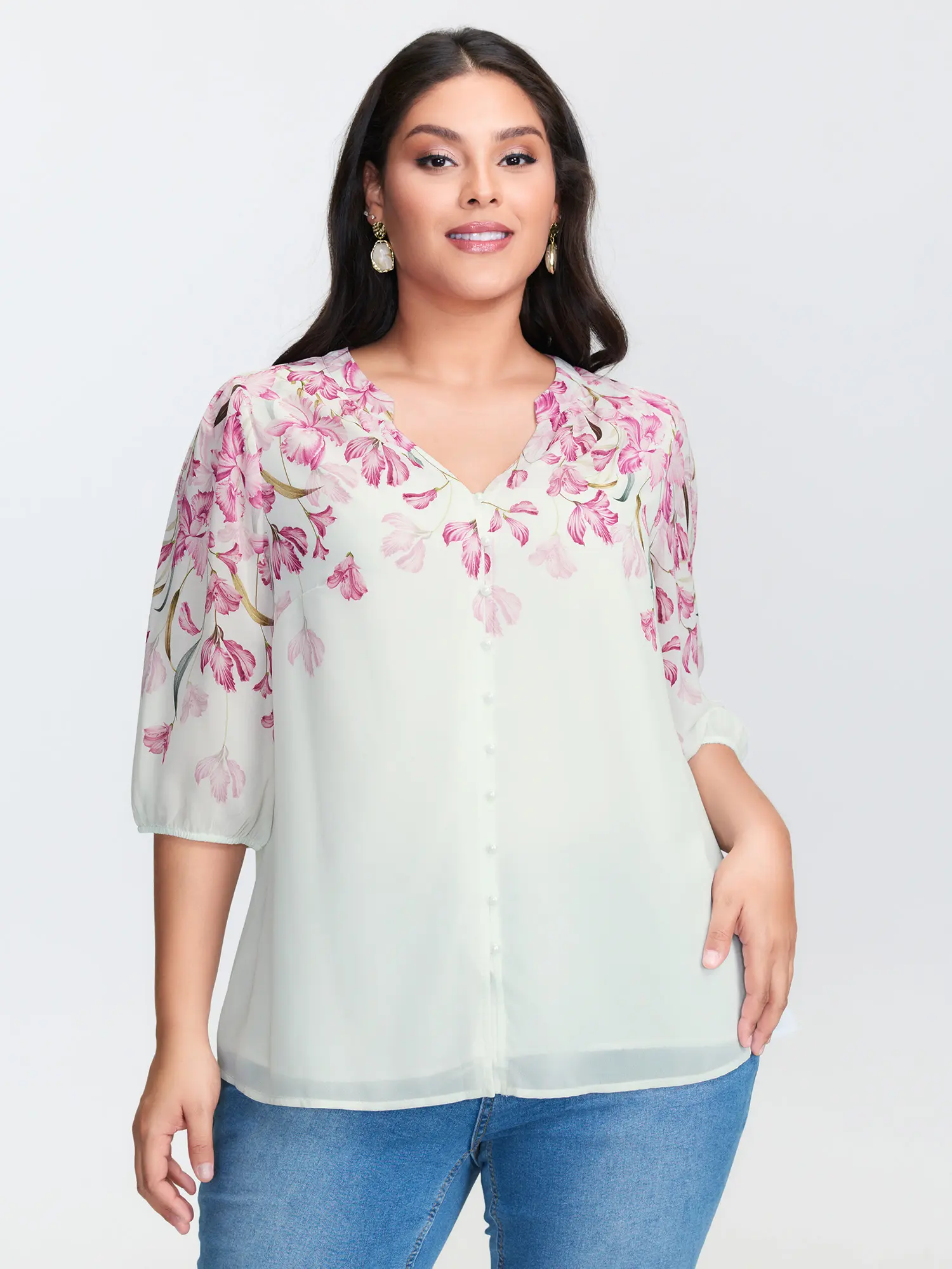 Women's Plus Size Romantic Ditsy Floral Blouse - Contrast Notched V-Neck, Elbow Puff Sleeves, Smooth Polyester Garment Fabric Shirts - Summer Plus Size Tops, Elbow Length, Comfy Casual, Women's Clothes, Curvy Clothing, Trendy Blouses, Women's Tops And Blo