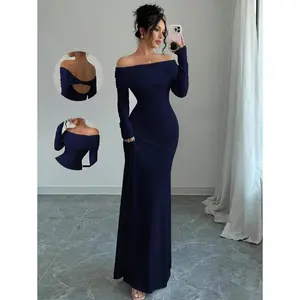 Sexy & Elegant Fitted Long Sleeve Cinched Waist Double Layer Off Shoulder Twist Fishtail Hem Ribbed Knit White Dress, Autumn/Winter for Women