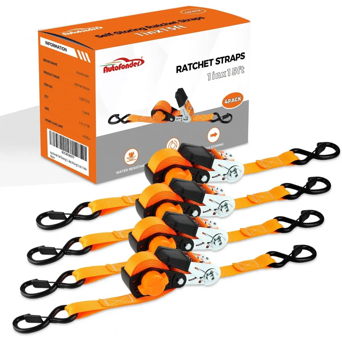 Heavy Duty Ratchet Straps 4-Pack - 15 FT Polyester Cargo Straps - 1500 LB Break Strength - Chromoly Steel S Hooks with Safety Lock & Overmolded Grip - Self-Storing NeatStrap for Securing Bikes, Motorcycles, Appliances, Outdoor Enthusiasts
