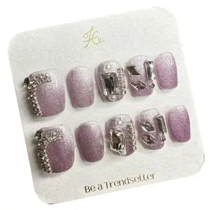 T35 Hand-worn Nail Flash diamond light luxury cat eye color change nail full drill flash removable press on nail