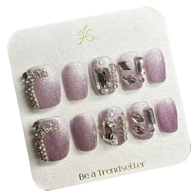 T35 Hand-worn Nail Flash diamond light luxury cat eye color change nail full drill flash removable press on nail