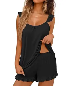 Ekouaer Pajama for Women Set 2 Piece Lightweight Summer Pajamas Soft Sexy Sleepwear Ruffle Cami and Shorts Bridal Pj