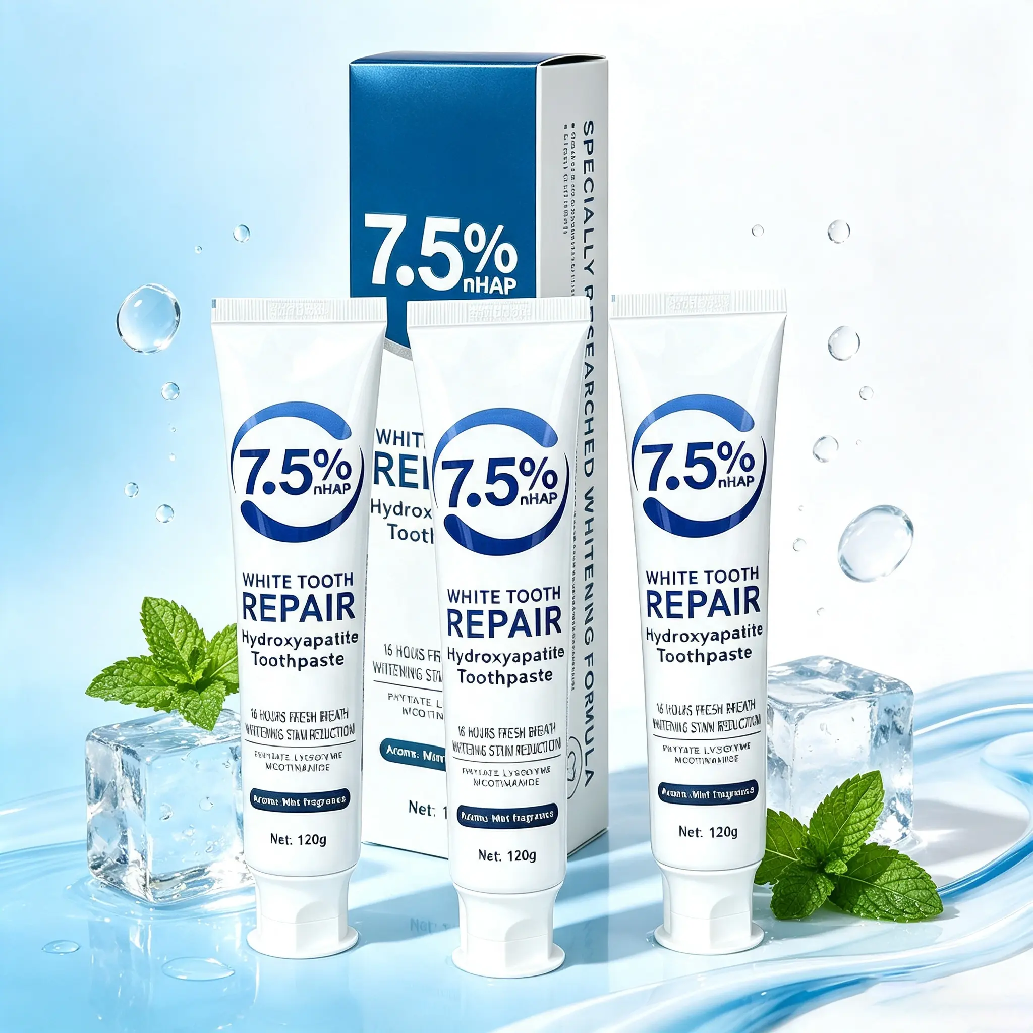 7.5% nHAP Hydroxyapatite Toothpaste, White Tooth Care Mint Flavor Toothpaste, Gentle Daily Oral Cleansing Toothpaste for Fresh Breath, 120g