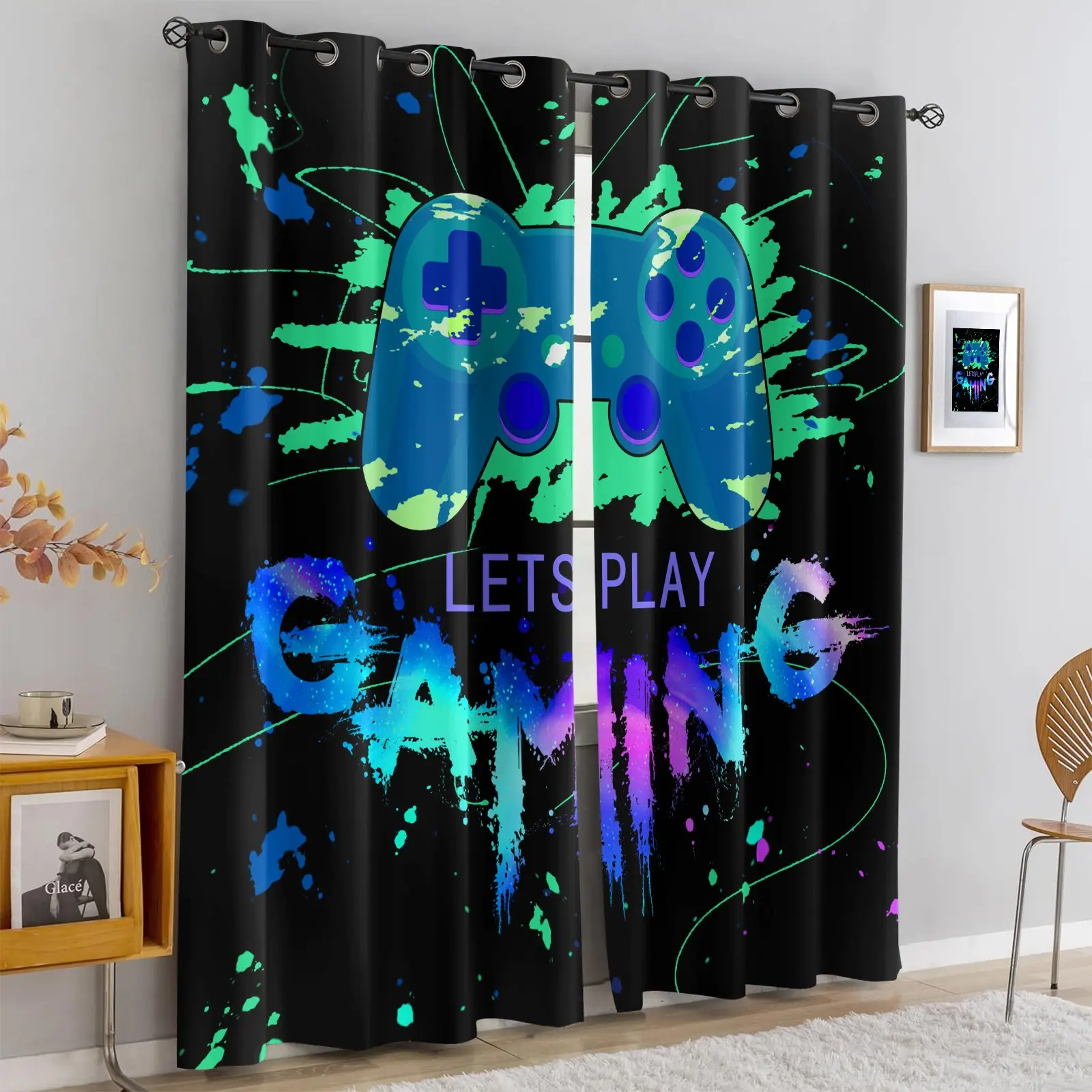 Let's Play Gaming Themed Curtains,Vibrant Splash Paint Gamer Print Curtains,Light Blocking Noise Reducing Decor Curtains,Easy Install Video Game Curtain Panels for Teen Boys & Gaming Enthusiasts Bedroom Game Room