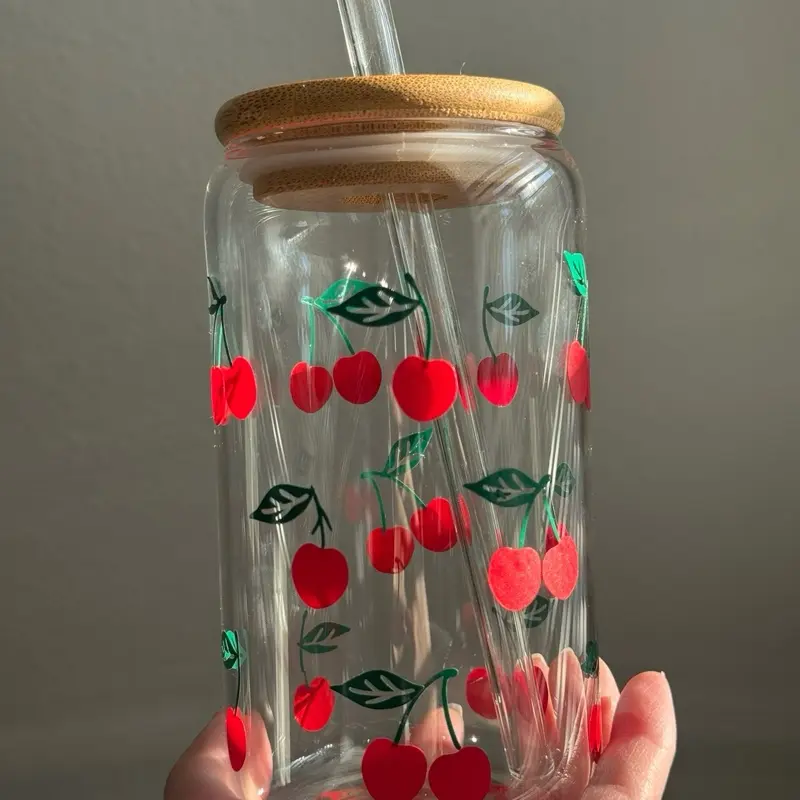 Cherry 16 oz Glass Drinking Cup with Bamboo Lid and Glass Straw