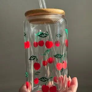 Cherry 16 oz Glass Drinking Cup with Bamboo Lid and Glass Straw