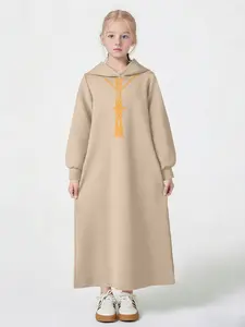 Girls' Hooded Long Dress, Traditional Muslim Casual Loose Abaya, Asymmetrical Design, Long Sleeve, All Seasons, H-Type Silhouette
