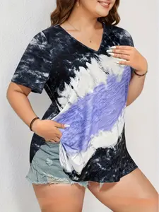 Summer Plus Size New Multi-Color Tie-Dye Casual V Neck Short Sleeve Top, Comfortable and Stylish Summer Apparel for Men and Women