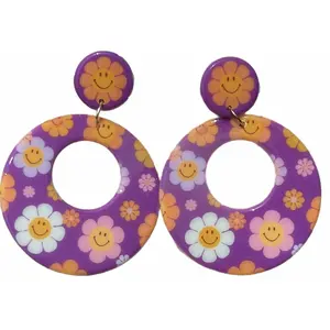 Purple Smiley Flower Power Chunky 60s Hoop Earrings