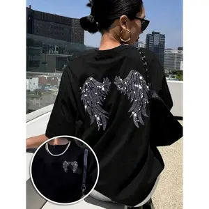 Women's Black T Shirt Soft Cotton Rhinestone Angel Wings Graphic Short Sleeve Casual Tops for Women 2026 Trend Gift