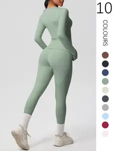 Women's Solid Long Sleeve Top & High Waist Pocket Leggings Tracksuit Set, Sporty Breathable Quick Drying Outfits for Yoga Gym Workout Running, Ladies Sportswear for All Seasons, Activewear, Workout Running Clothes