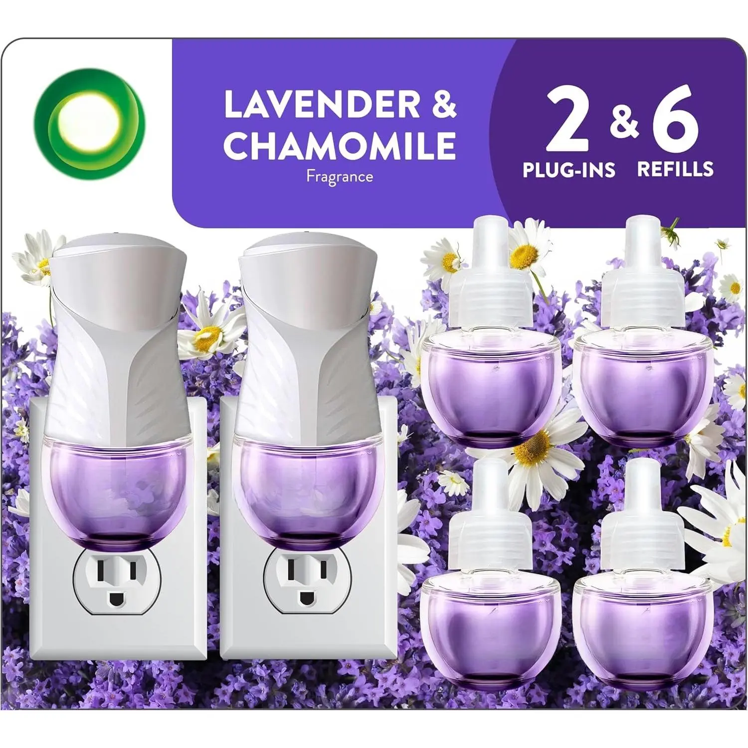 Eco-Friendly Plug-In Scented Oil Starter Kit - 2 Warmers, 6 Essential Oil Formula Refills, Floral Lavender & Chamomile Scent, Indoor Home Fragrance Air Freshener, Floral Lavender Scent