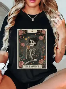 100% Cotton Unisex The Aunt Tarot Card Women Skeleton Aunty Coffee Lover T-Shirt Casual Top