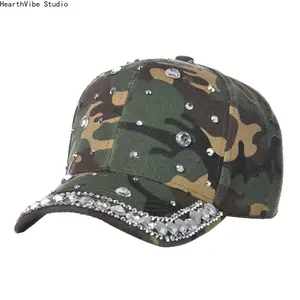 Unisex Camouflage Print Flat-Brim Hat - Military Green Rhinestone-Embellished Western-Style All-Season Outdoor Sports Cap