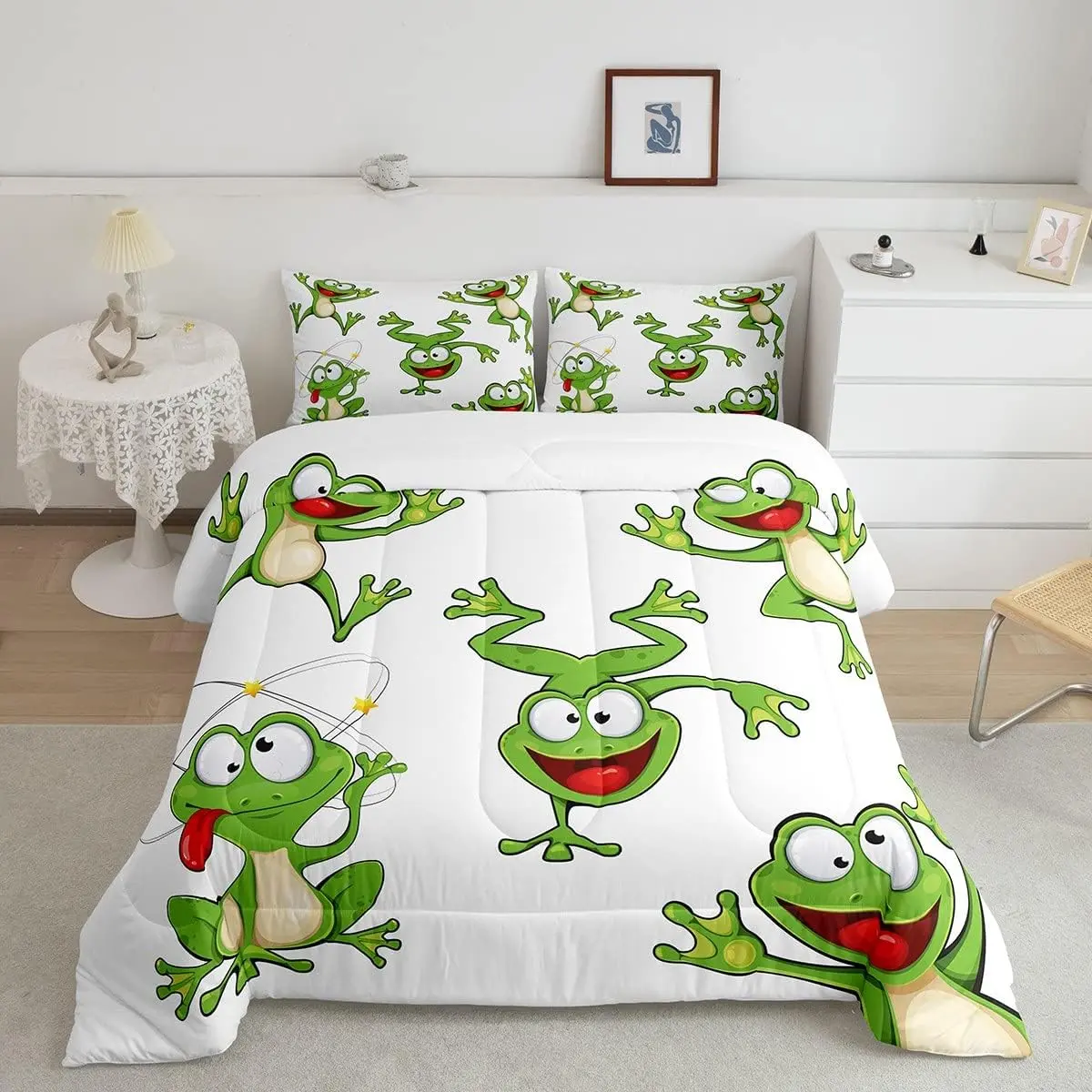 Feelyou Kawaii Frog Decorative Bedroom Bedding Set - Luxury Cartoon Animal Designer Comforter, Nature-Inspired Duvet, Twin-Size Quilt Set, Decorative Bedding Set