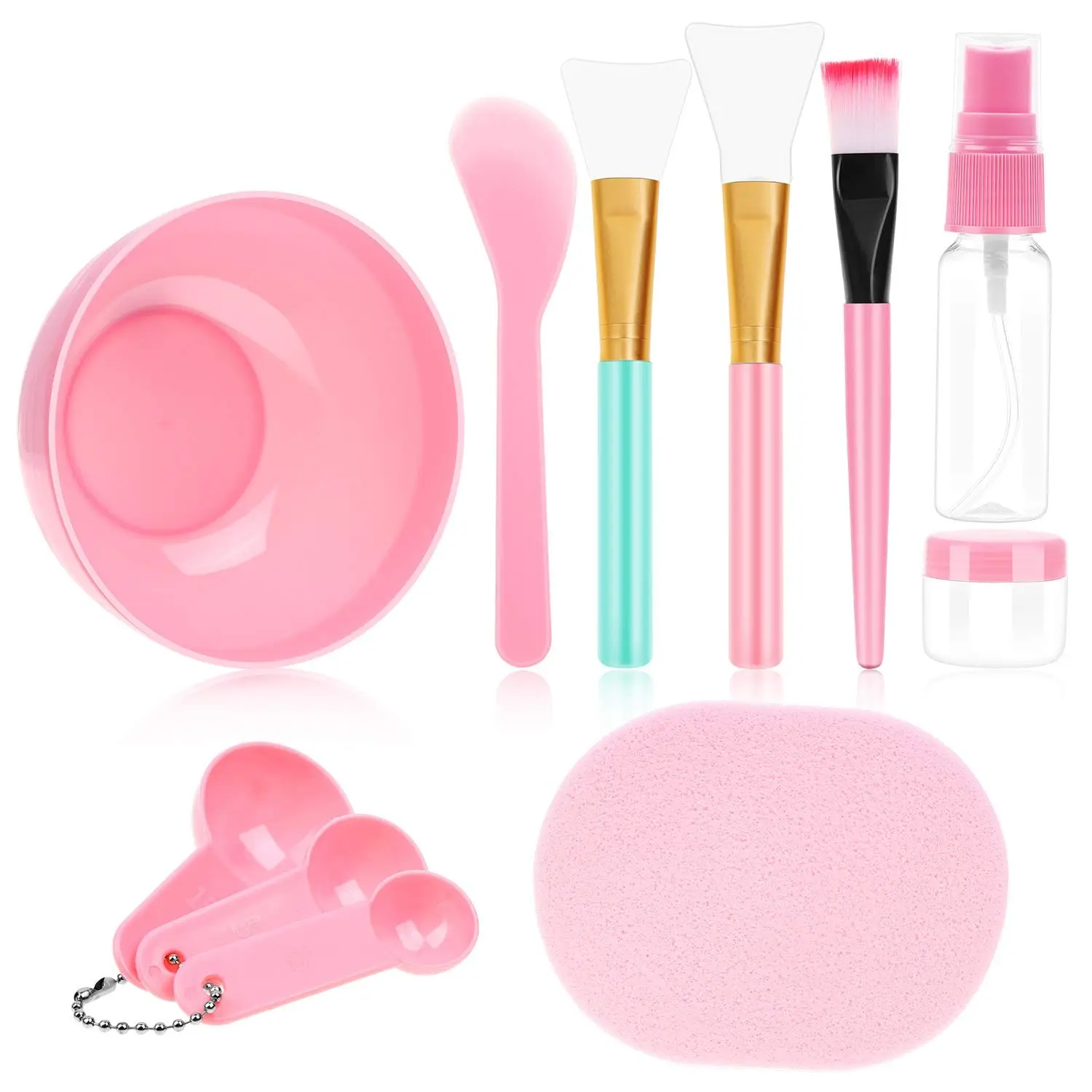 11 Pcs DIY Facial mask Mixing Tool Kit with Bowl Stick Spatula Silicone Brush Spray Bottle Puff Soaking Bottle Gauges (Pink)