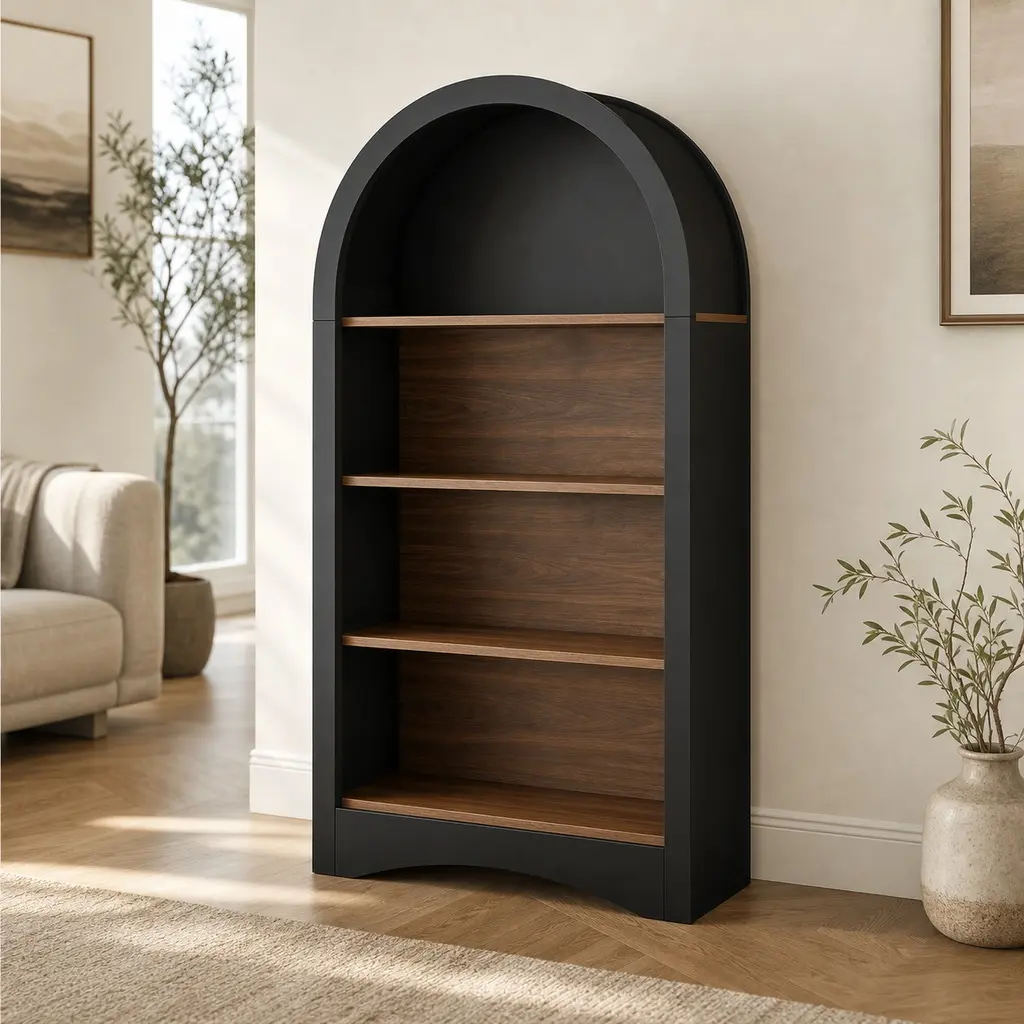 47" Freestanding Display Rack with Woodgrain Shelves, 4-Tier Open Bookcase, Arched Storage Cabinet, Small Space Accent Shelf for Living Room, Bedroom, Entryway, Black Walnut, Black + Dark Walnut Color Options, Particle Board+MDF Material