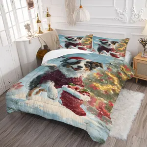 Christmas Dog Print Home Decor Set, Includes 1 Quilt + 1/2 Coreless Pillowcases, Party Photo Atmosphere Decoration