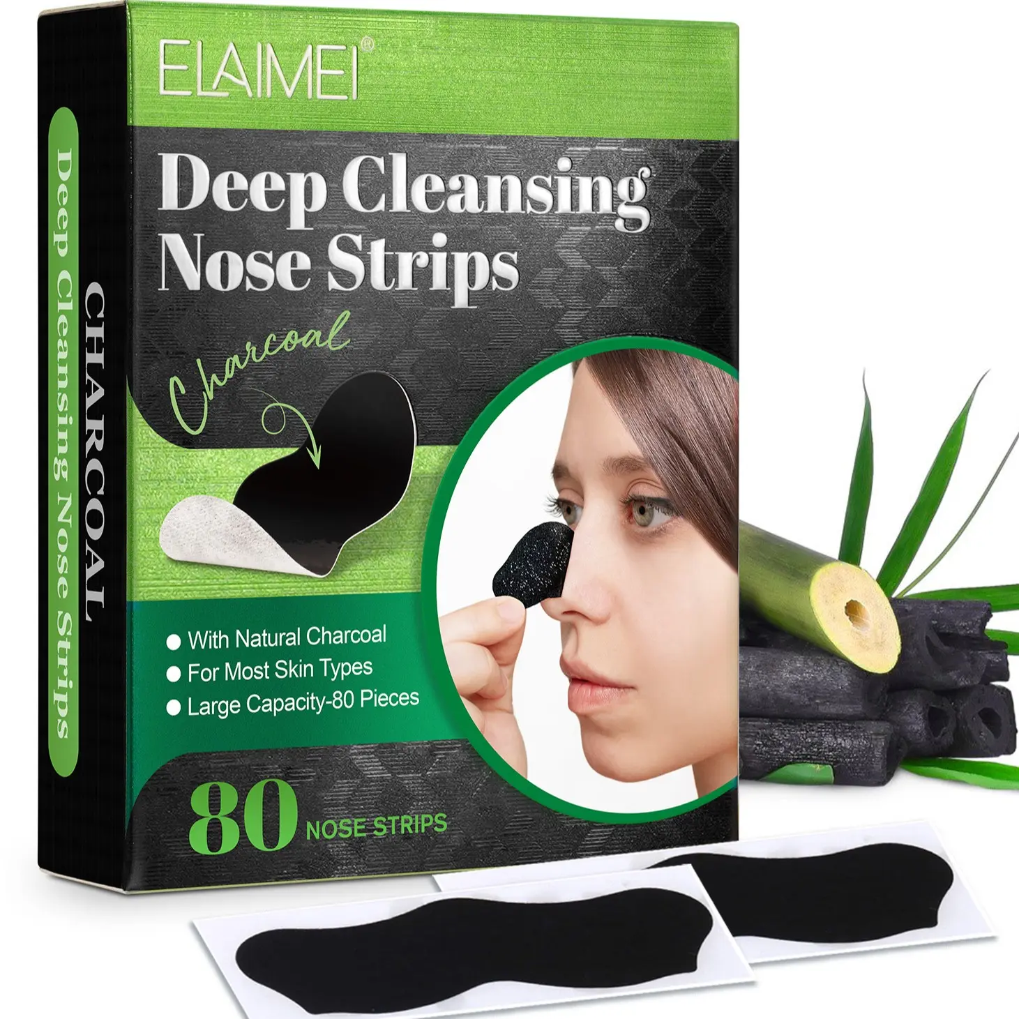 Elaimei Blackhead Nose Patches 80pcs, Nose Strips For Pores, Charcoal Pore Cleansing Mask, Absorbs Oil and Dirt, Daily Skincare Essential, Perfect Gift