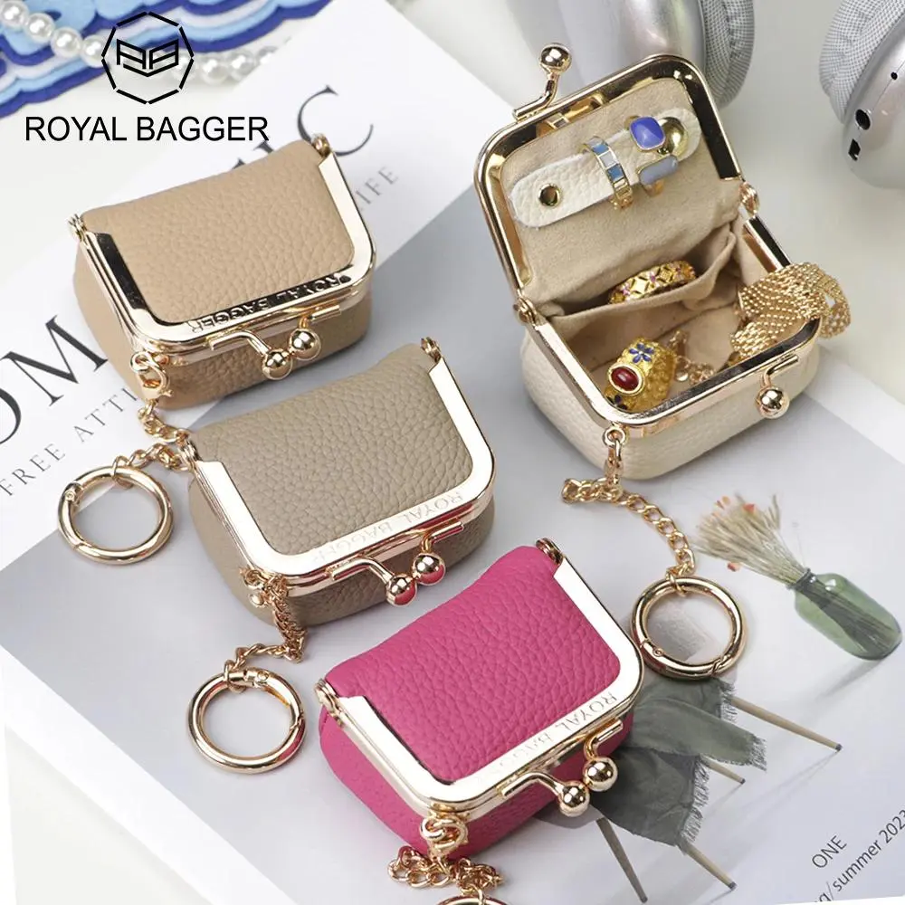 Royal Bagger Women's Vintage Genuine Leather Mini Coin Purse & Jewelry Organiser with Kiss Lock Closure, Gold Trim, and Removable Keychain, Basic, Plain