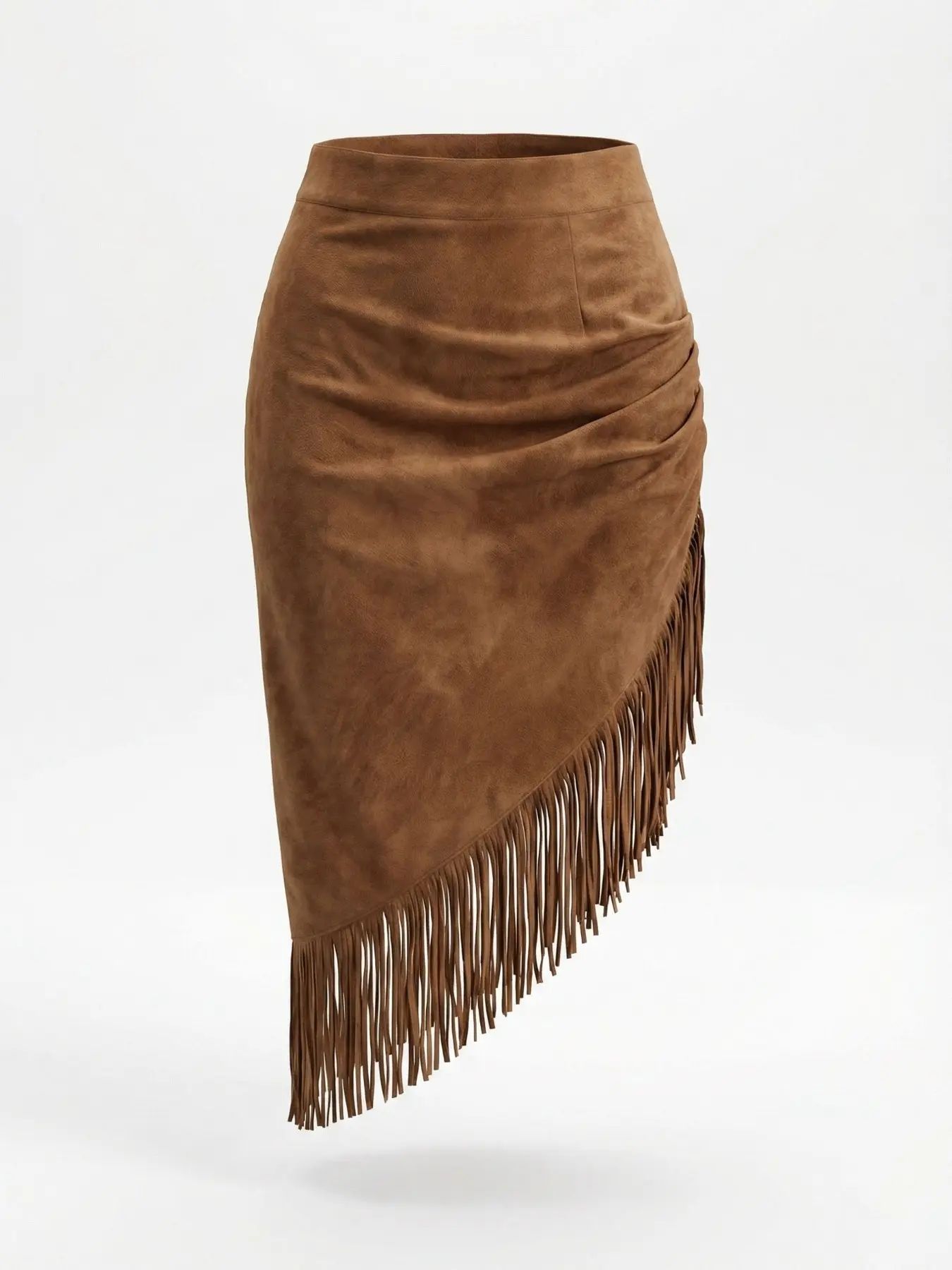 Plus Size Women's Spring Summer Merlot Boho Style Solid Asymmetrical Fringe Trendy Flirty Skirt, Casual Slim-Fitting Long Skirt, All Seasons Fashion, Asymmetrical Hem Skirt, Plain Pattern Skirt