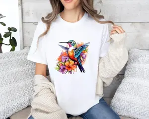 Unisex Trendy Tee with Floral Hummingbird Design, Bird Themed Shirt for Animal Lovers, Perfect Gift For Her