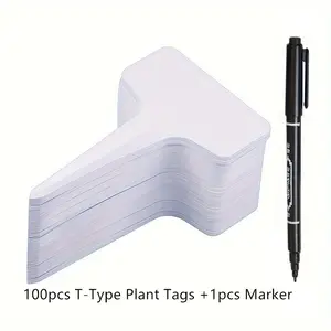 100pcs T-Type Plant Labels With 1pcs Marking Pen, Plastic Plant Name Tags, Waterproof Garden Nursery Labels, Plastic Pot Labels For Flowers, Herb, Potted Plants And Vegetables