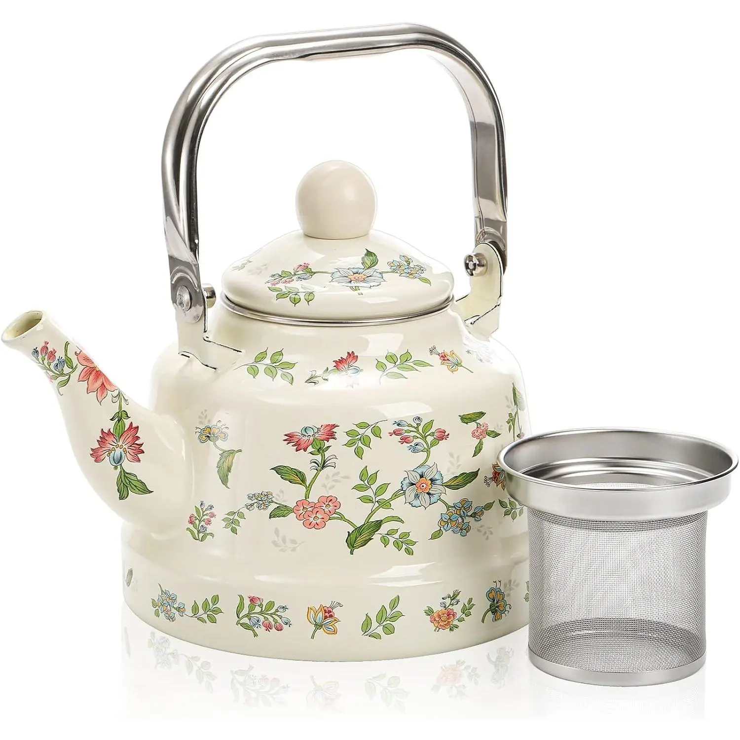 1.8 Quart Vintage Enamel Stovetop Teapot, Vintage Green Floral Pattern Steel Teapot with Detachable Tea Strainer, Suitable for Camping, Wedding, Housewarming, Thanksgiving, Christmas Gift