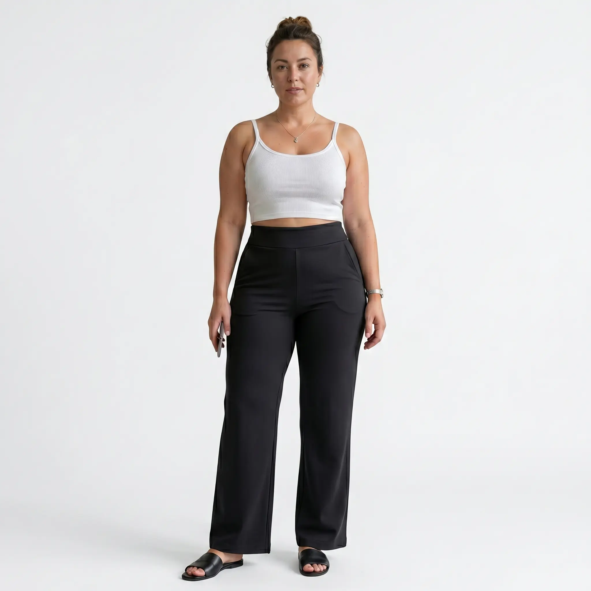 CQQNBV Women's High-Waist Sports Wide Leg Yoga Pants - Polyester, Comfortable Stretchable, Chic Curve, Pockets, Black Office Wear for Athletic, Everyday Use (Petite/Regular/Tall Sizes) Athleisure Bottoms, Athleisure Fitness Leggings