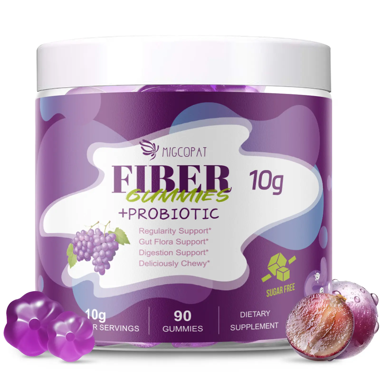 Migcopat Fiber Apple Cider Vinegar Gummies, for Digestive Health and Regular Bowel Movements—Grape Flavor—No Added Sugar and Vegan